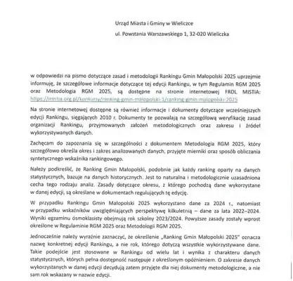 Wieliczka: Ranking Gmin Małopolski 2025 – miasto wyjaśnia metodologię i apeluje o rzetelność
